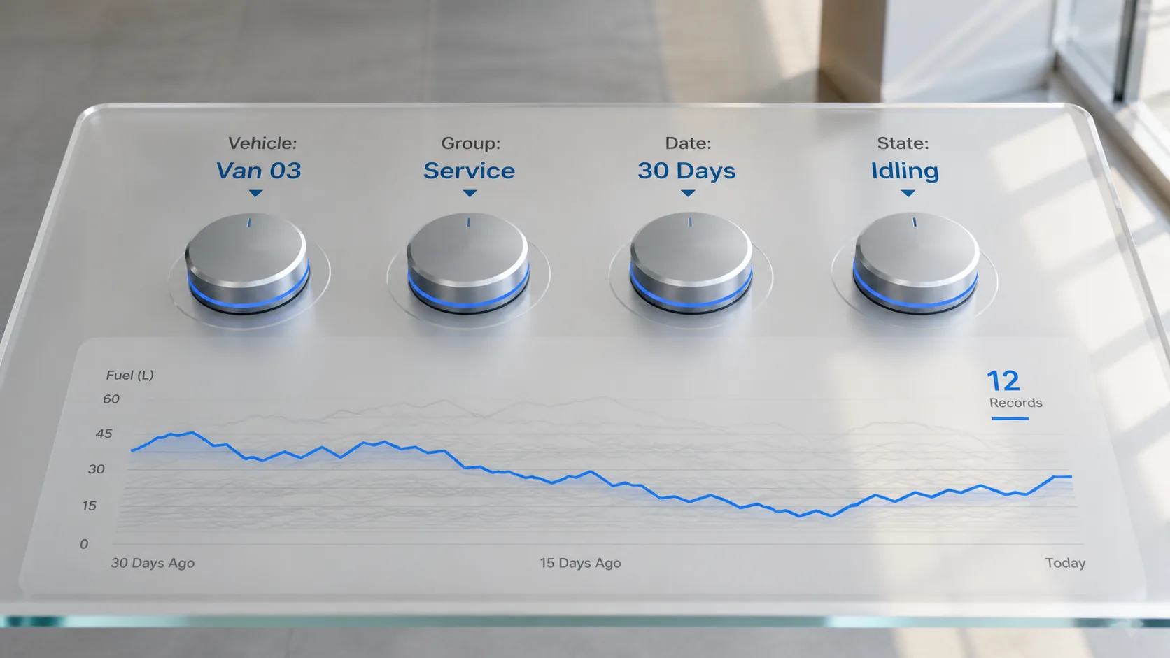 Fuel report filtered by vehicle, service group, thirty-day range, and idling state