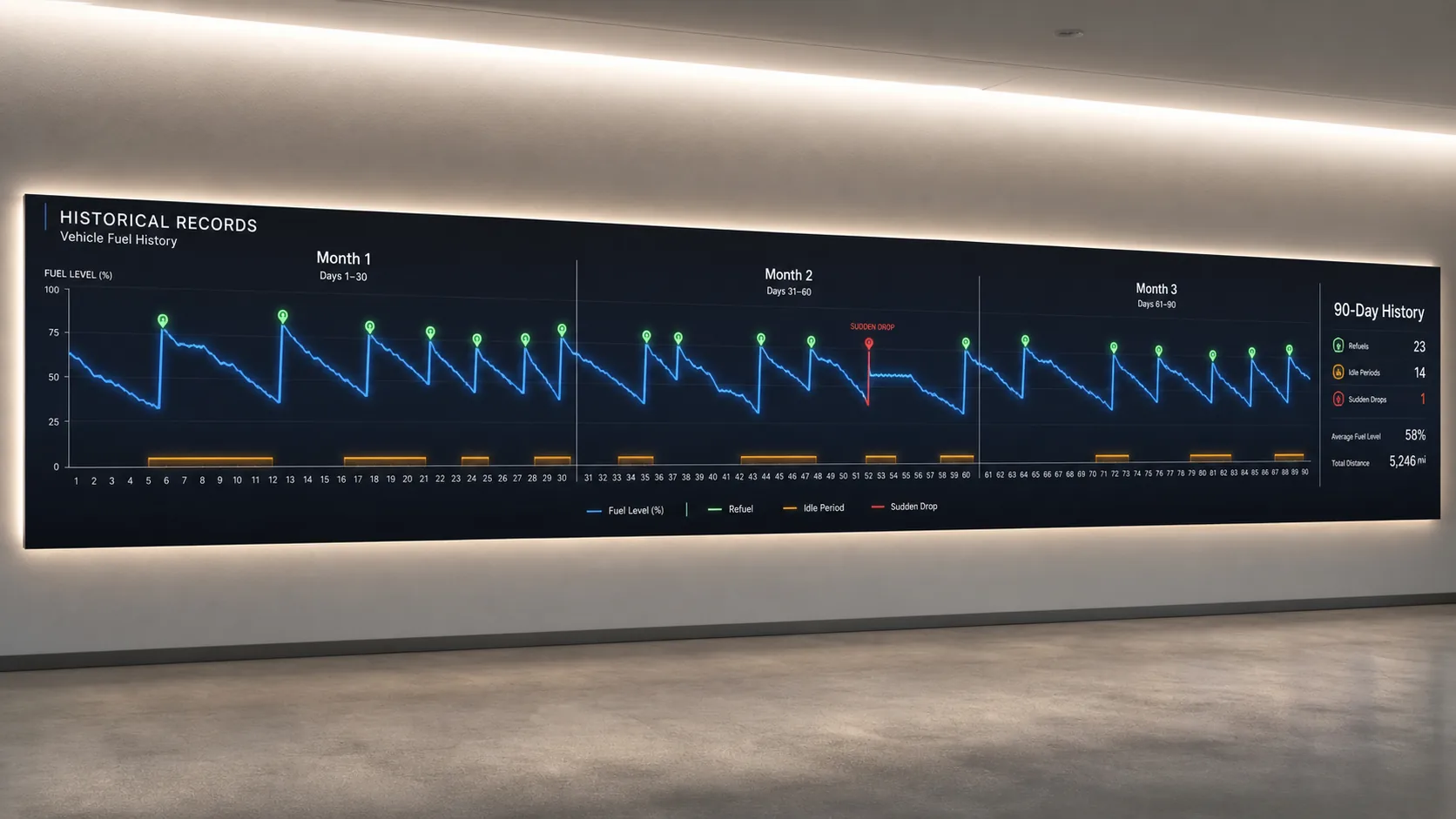 Ninety-day fuel history showing refuels, idling, and a sudden fuel-level drop