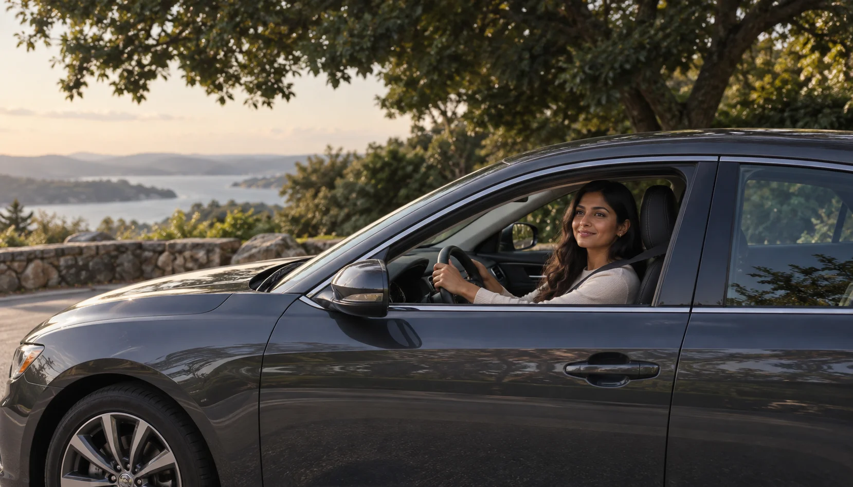 Confident woman at the wheel of her personal car at a scenic overlook