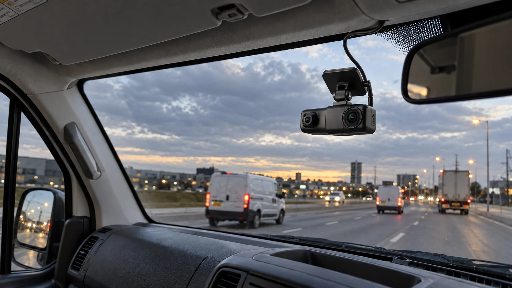 Compact AI-Camera secured to a van windshield with a visible mounting bracket and neatly routed power cable