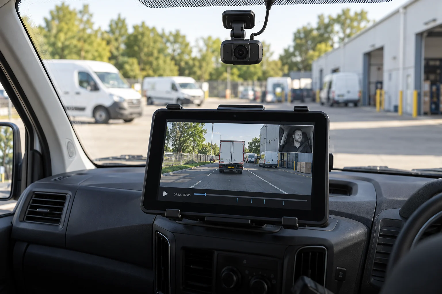 Windshield-mounted fleet camera with a tablet displaying recorded road footage, a driver view and playback controls