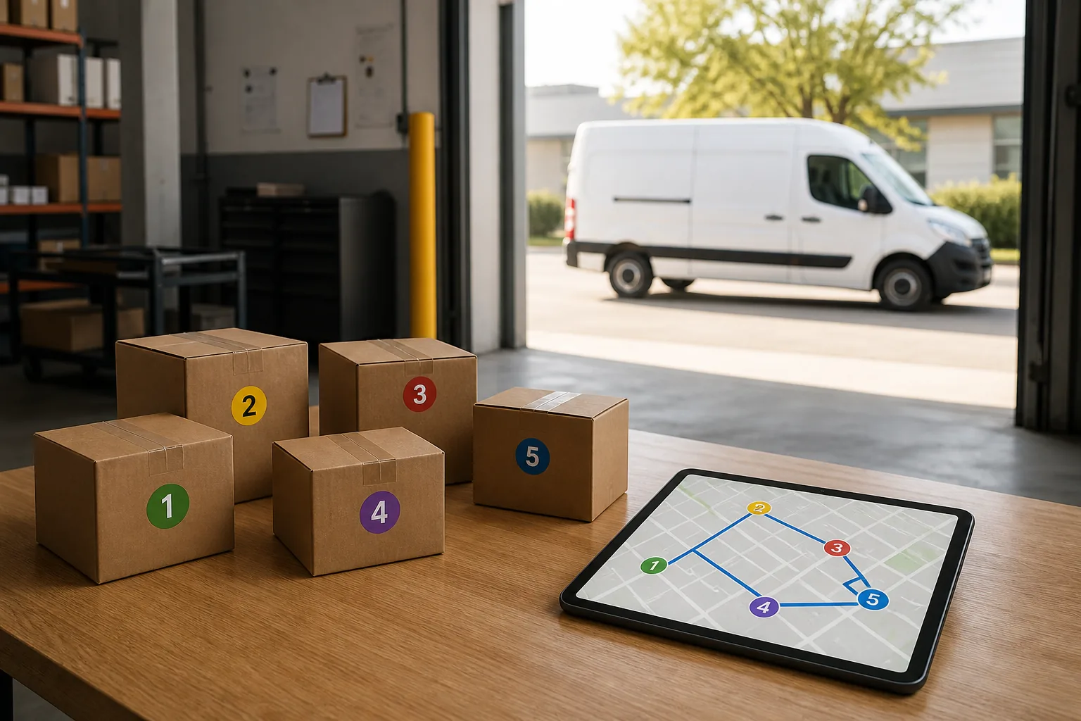Numbered delivery parcels being converted into an optimized multi-stop route before departure