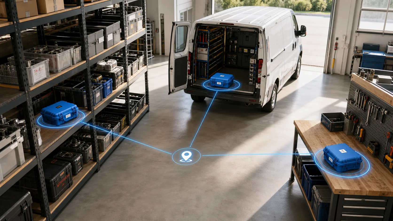 Tracked inventory visible across warehouse storage, a service vehicle, and a field workbench