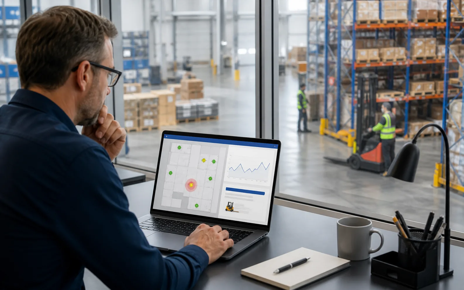 Warehouse manager analyzing a highlighted operational exception