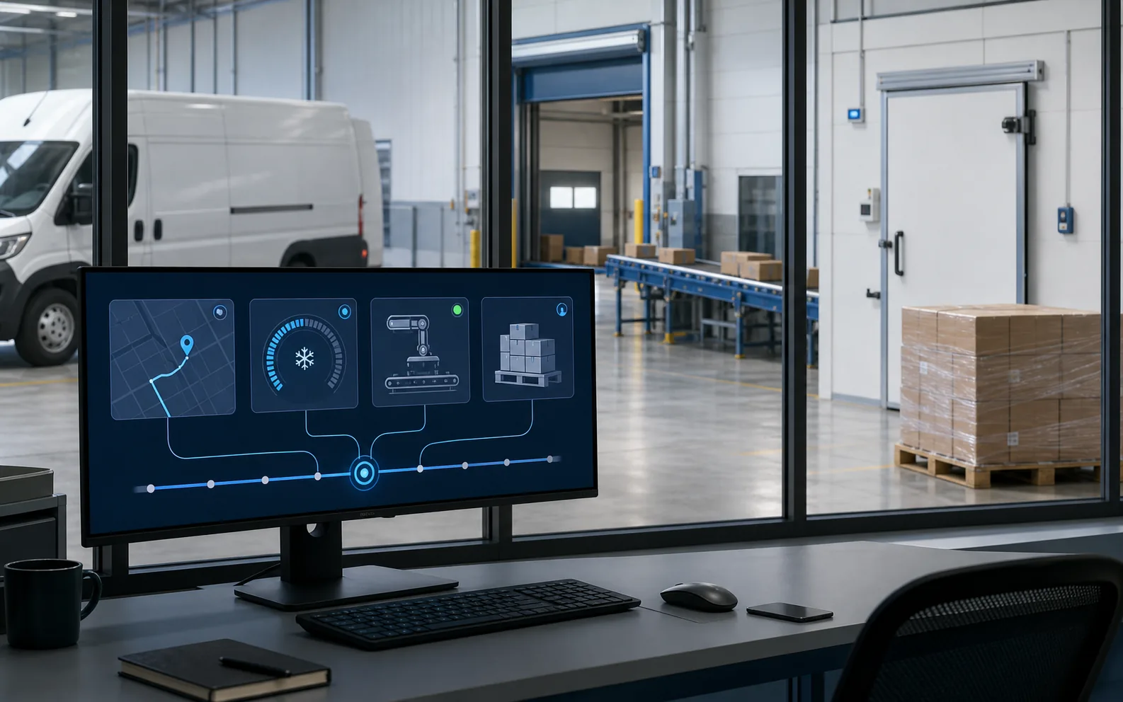 Operations monitor collecting live vehicle, temperature, machine, and cargo data