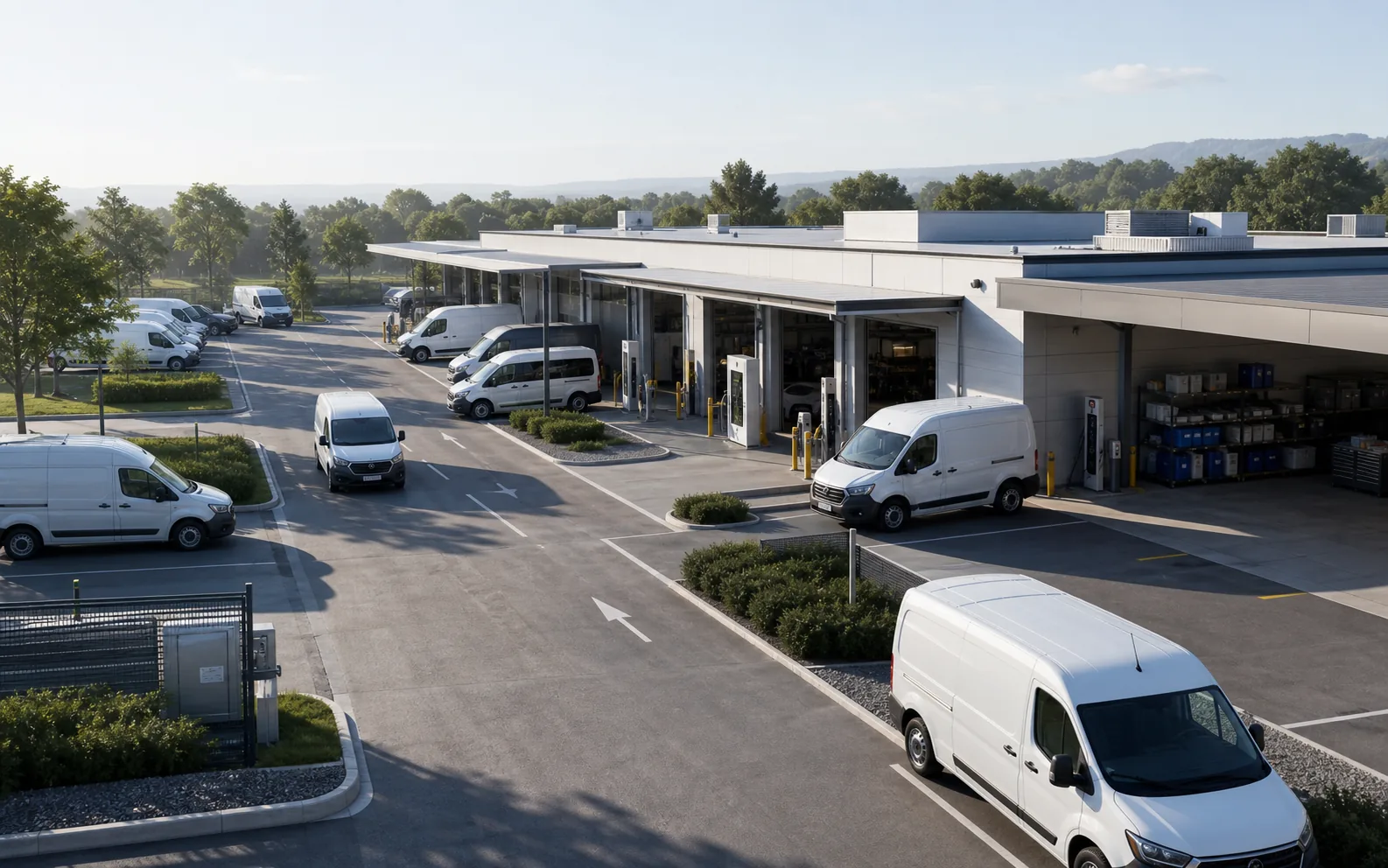 Organized service depot with vehicles moving through operational bays