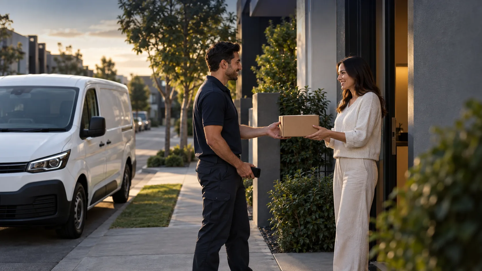 Courier handing a parcel to a customer at her doorstep beside a delivery van