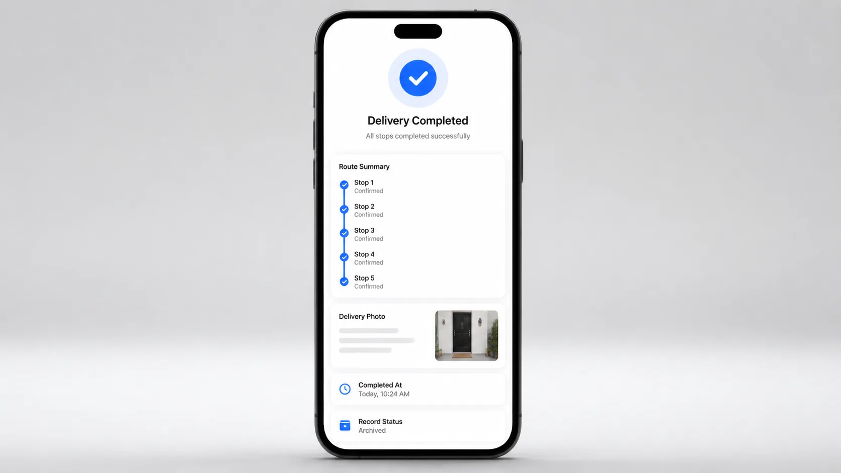 Mobile delivery completion summary with every route stop confirmed