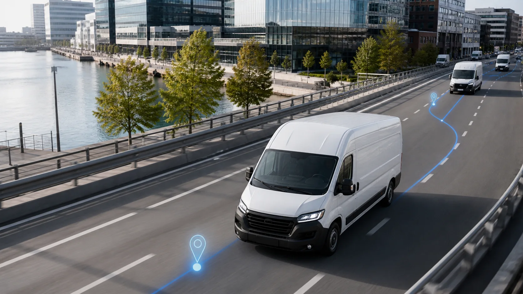 Delivery vans tracked live along a city route