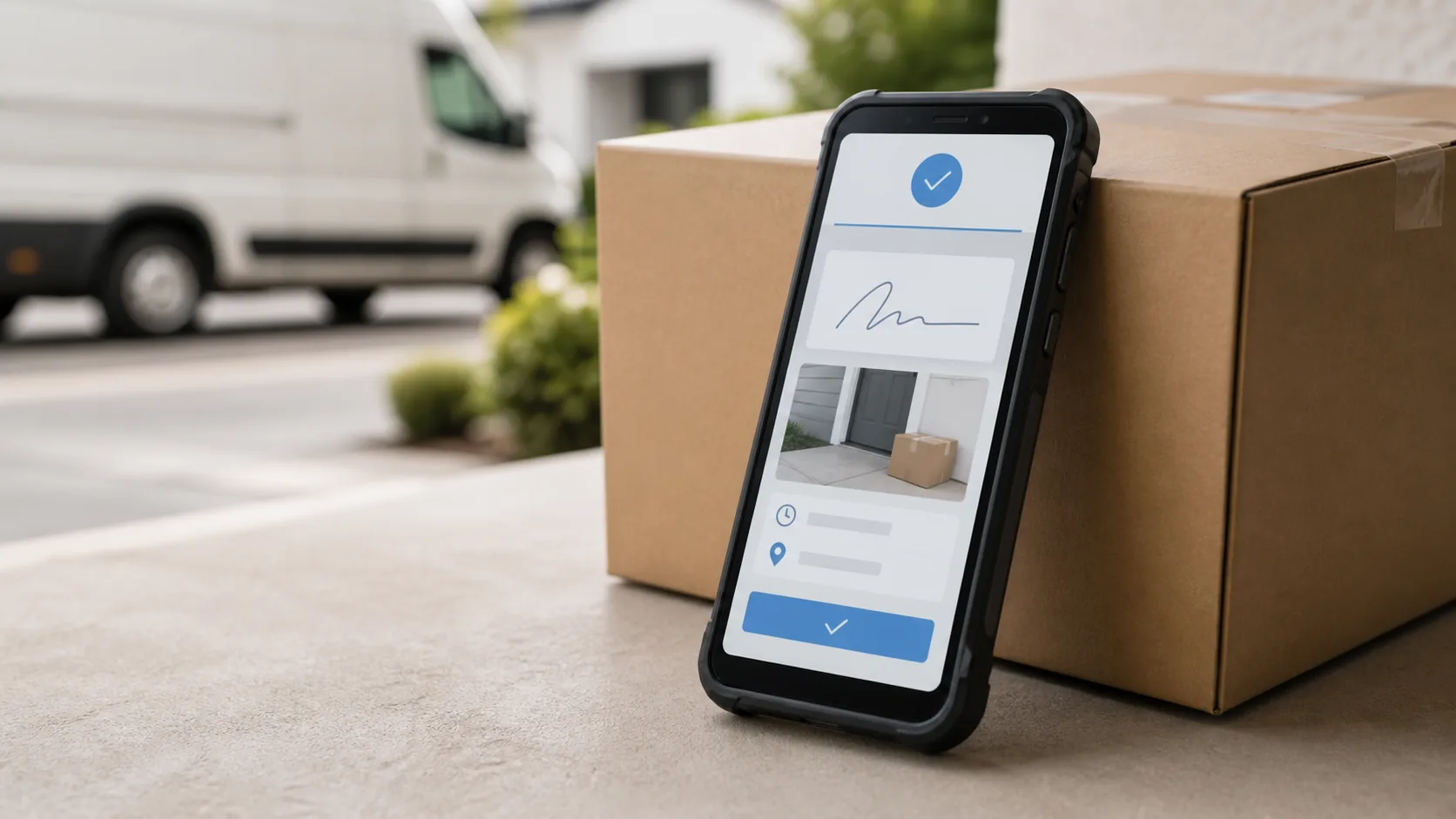 Digital proof of delivery captured on a mobile device beside a delivered parcel