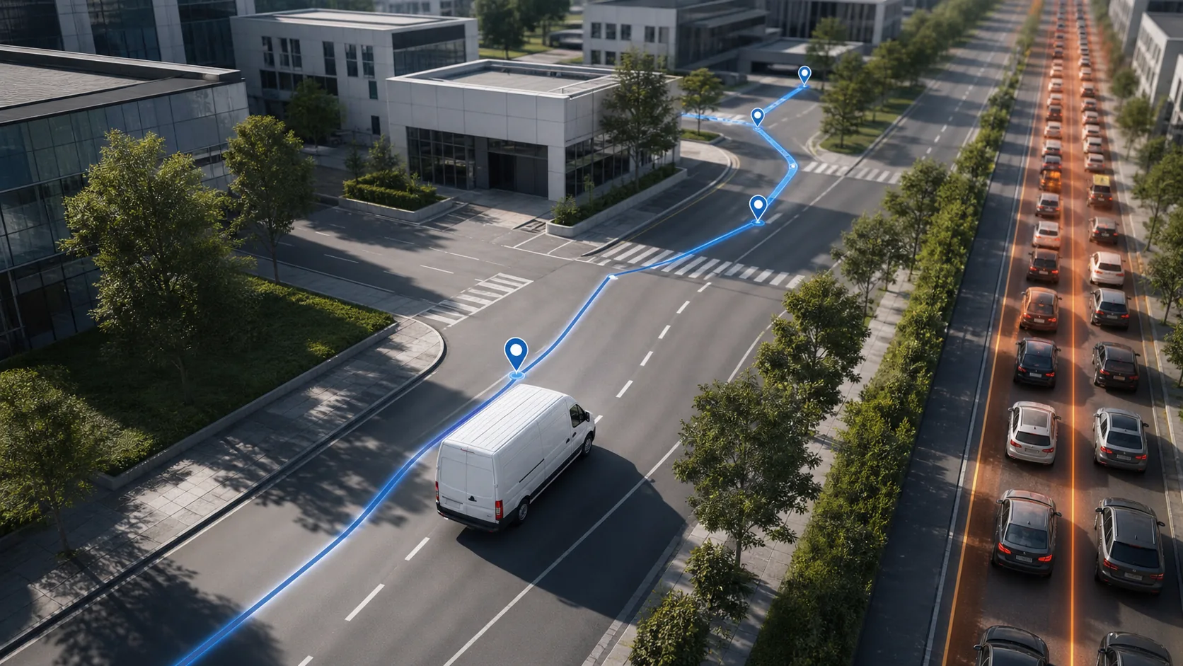 Delivery van following an optimized route that avoids traffic congestion