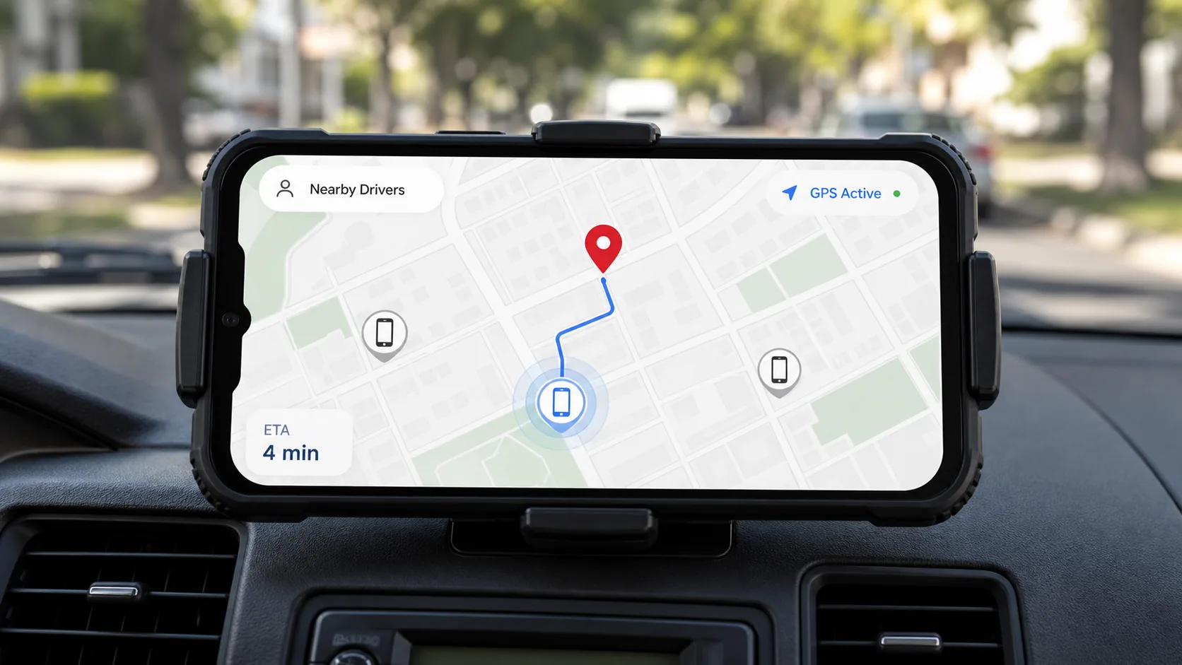 Phone GPS identifying the nearest driver and route to a new job
