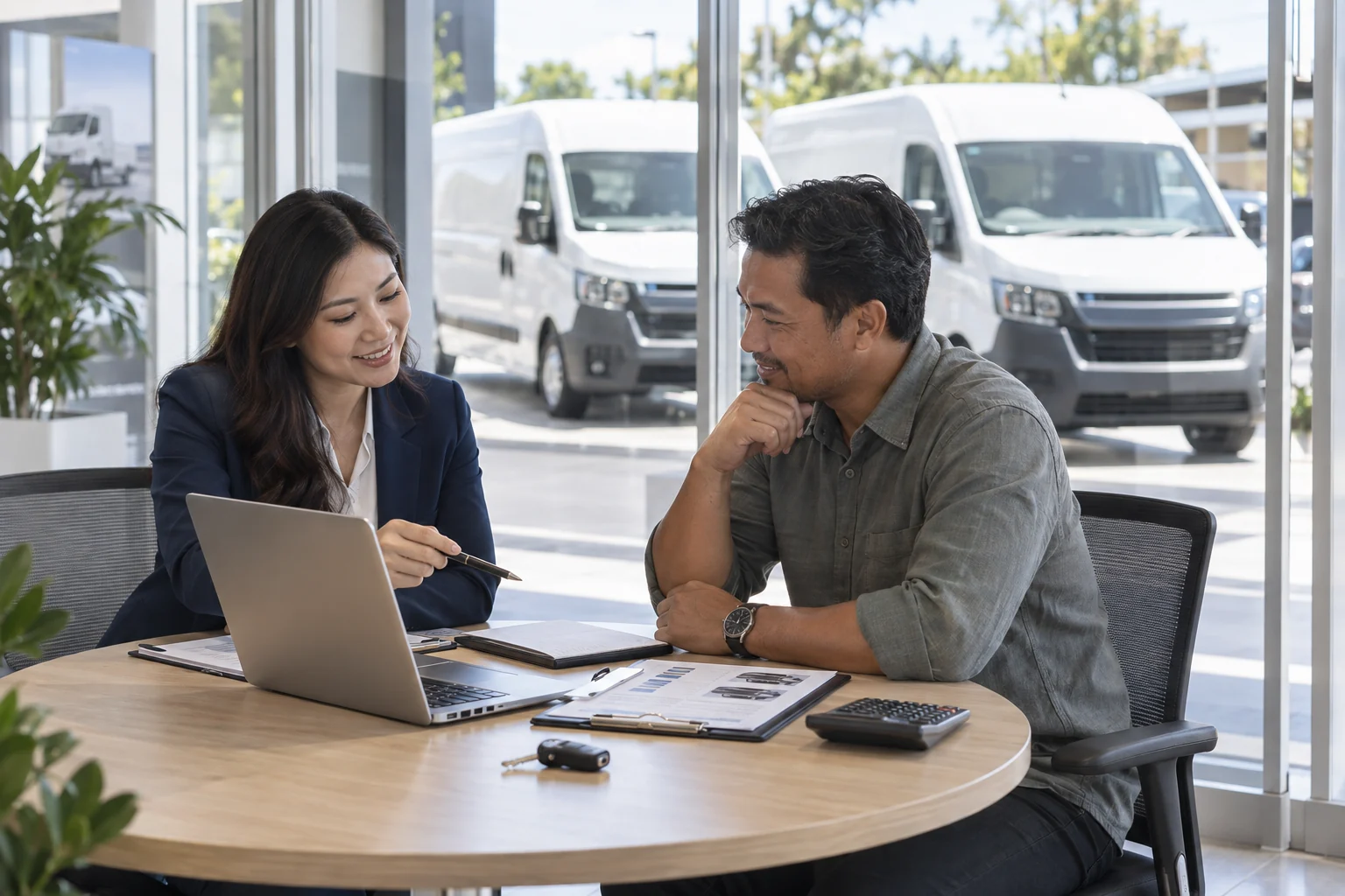 Vehicle finance adviser reviewing an expansion plan with a business owner at a van dealership