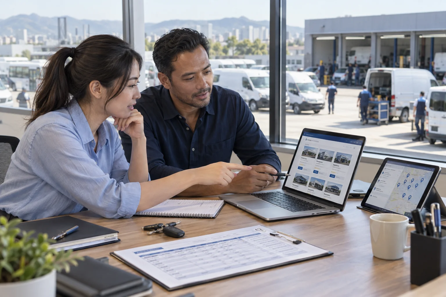 Fleet managers comparing service partners on a laptop overlooking their vehicle depot