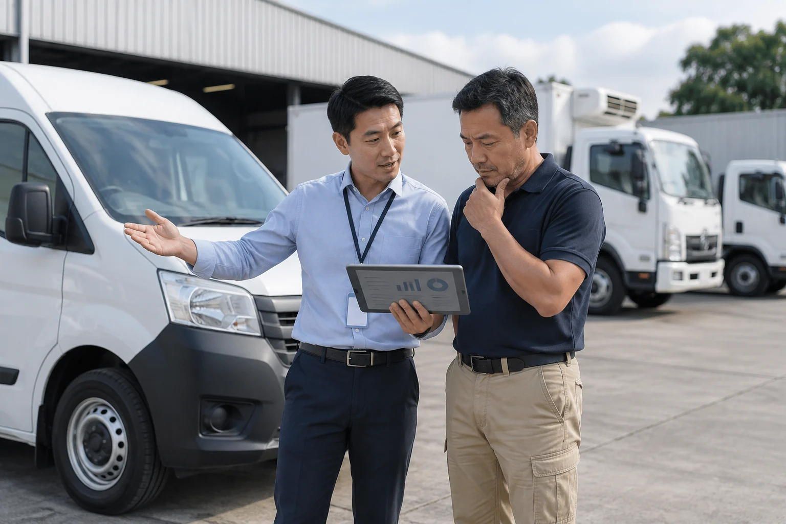Insurance adviser and fleet operator reviewing vehicle cover beside a commercial van
