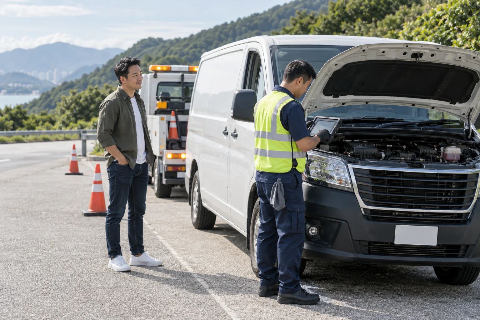 Roadside assistance technician helping a van driver in a safe roadside lay-by