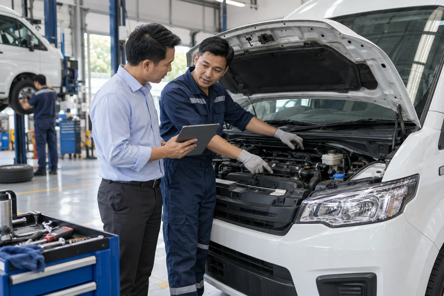 Vehicle technician discussing a maintenance inspection with a customer in a workshop
