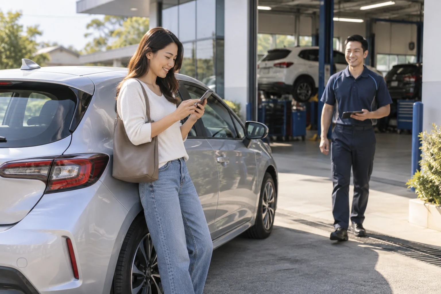 Vehicle owner using a phone to arrange a service beside a family car