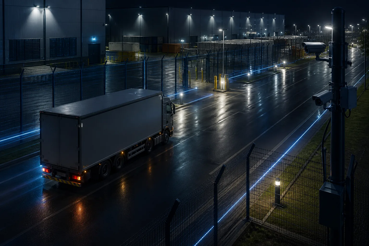 Commercial truck monitored by cameras inside a high-security industrial zone