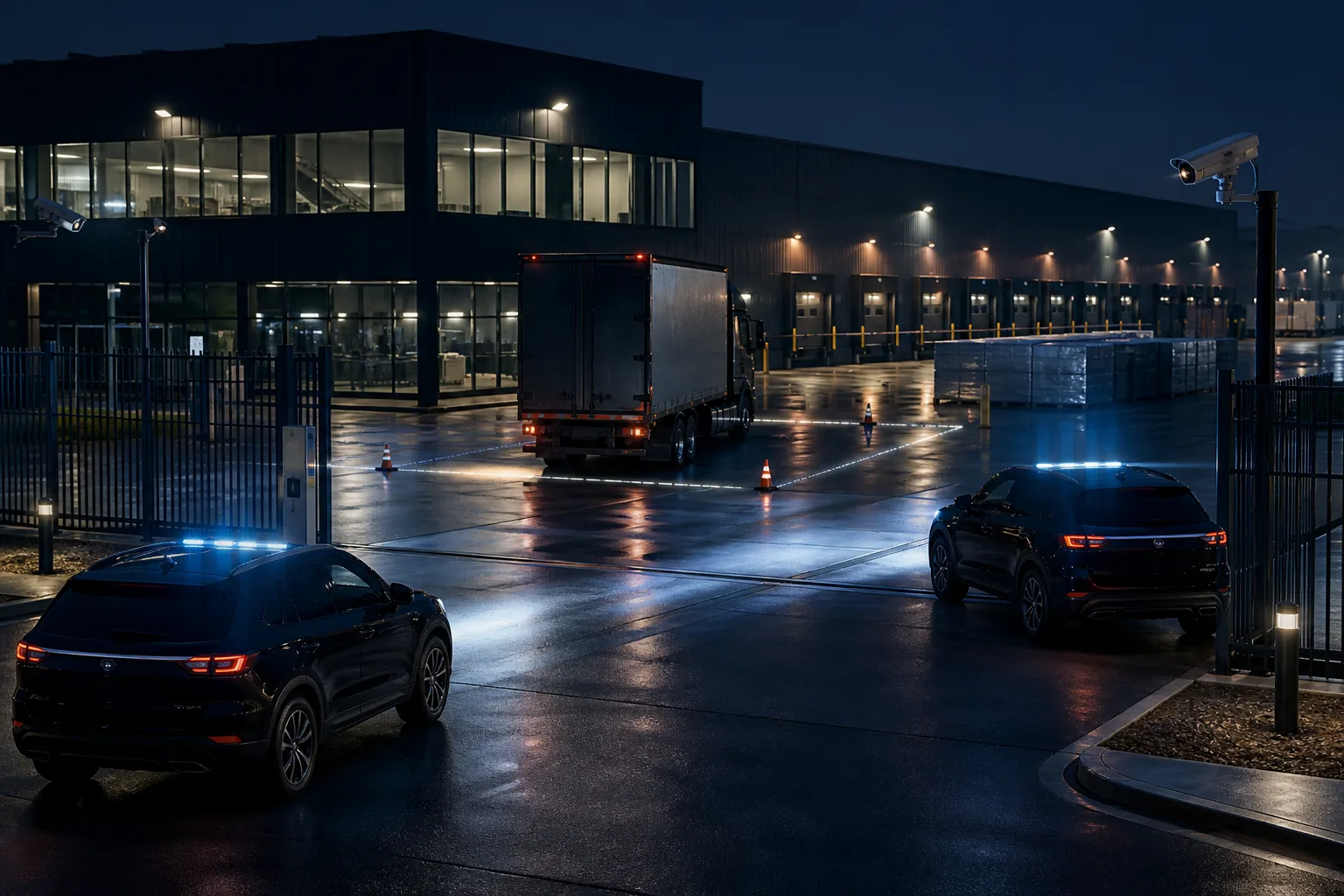 Two security response vehicles coordinating around a fleet incident
