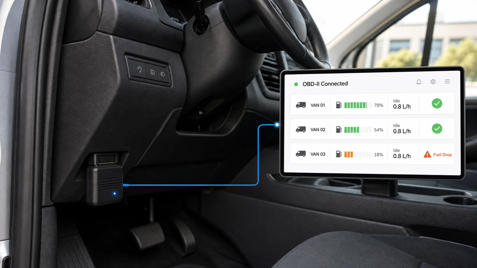 Connected vehicle diagnostics showing fuel levels, idling, and fuel-drop alerts