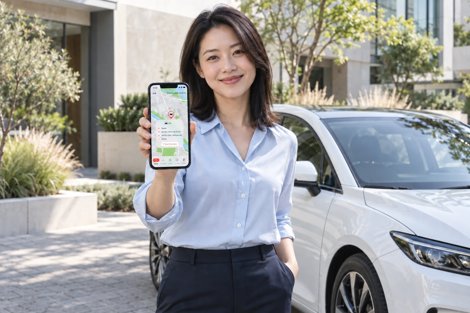Confident East Asian woman showing the vehicle-tracking app map and vehicle details beside her white car