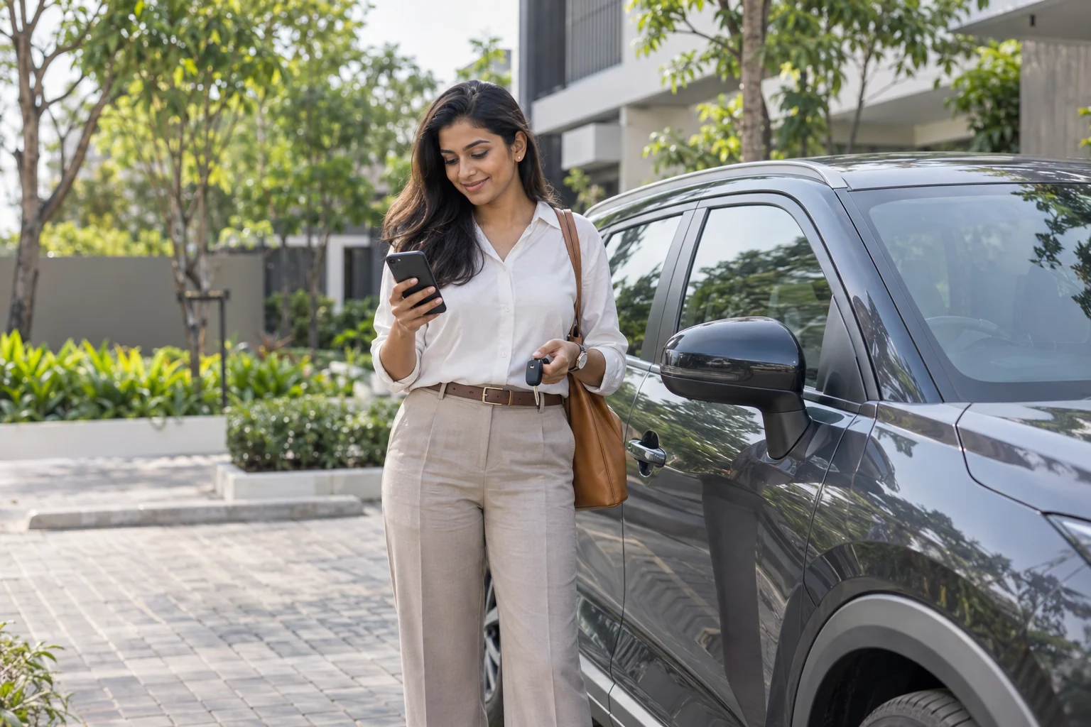 Woman independently checking her vehicle after arriving at her destination