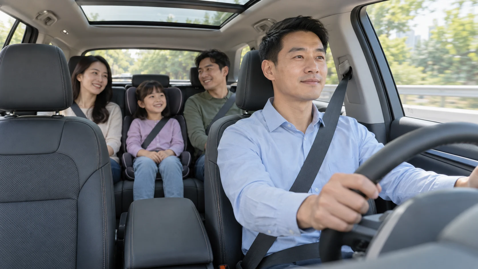 Driver at the wheel with parents and their child wearing seatbelts in the rear seats