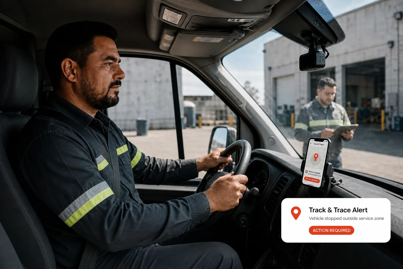 Professional fleet driver seated and belted behind the steering wheel with both hands driving safely