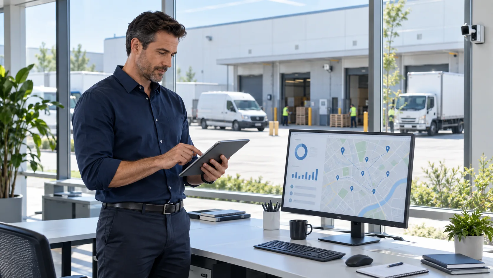 Operations manager using a tablet beside a fleet tracking dashboard, with delivery vehicles outside the logistics office