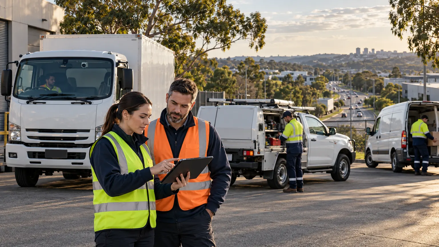 Australian fleet operations team reviewing connected vehicle data beside delivery and field-service vehicles