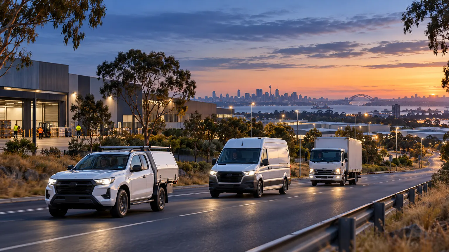 Australian utility, delivery and light commercial vehicles travelling from a Sydney logistics hub