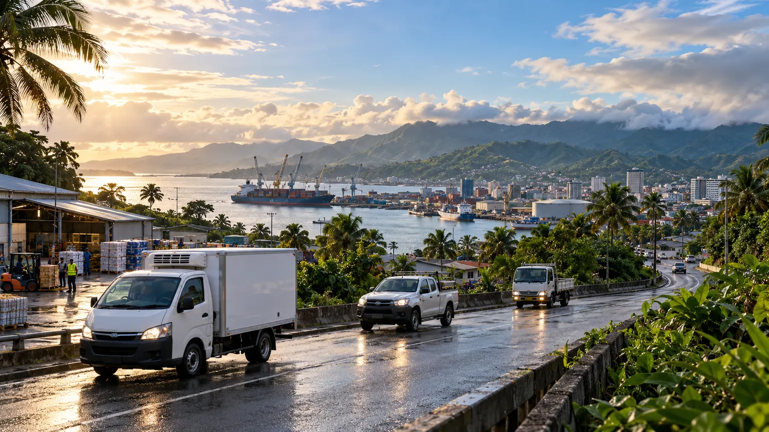 Refrigerated and service vehicles travelling from a Suva waterfront distribution hub after rain