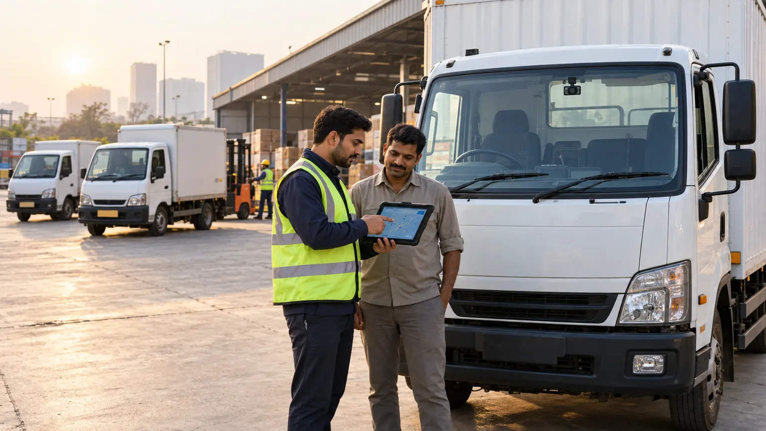 Indian fleet supervisor and driver reviewing connected operations beside right-hand-drive delivery trucks