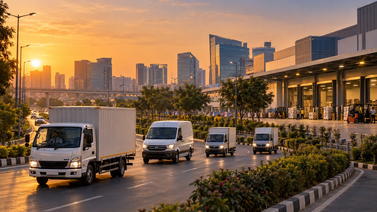 Indian delivery vehicles leaving a modern logistics hub in Gurugram at sunset