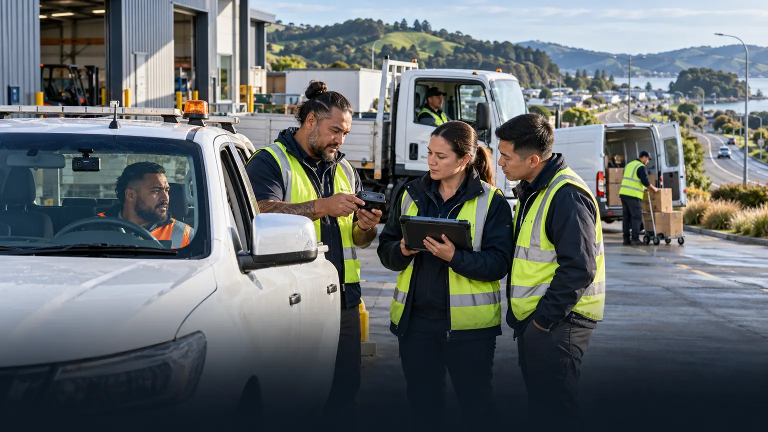 New Zealand fleet team reviewing telematics hardware and driver safety data beside connected service vehicles