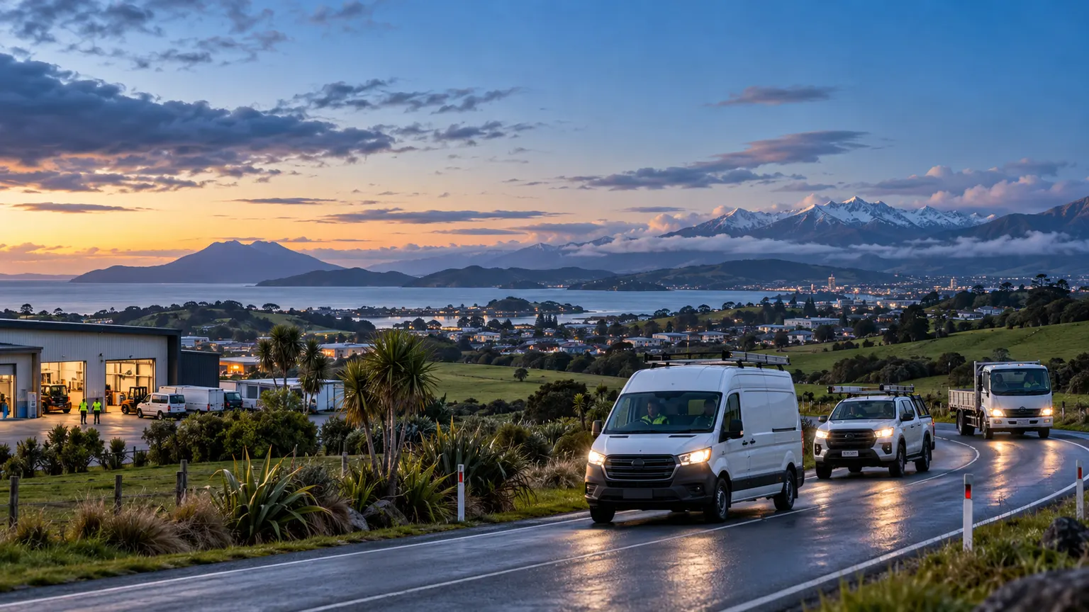 New Zealand service fleet travelling through a regional landscape at blue hour