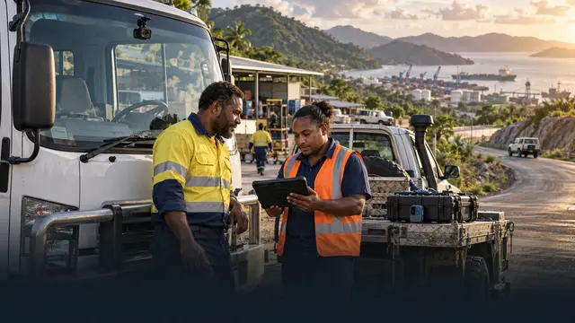 Papua New Guinean fleet team reviewing remote operations beside connected commercial vehicles and secure IoT equipment