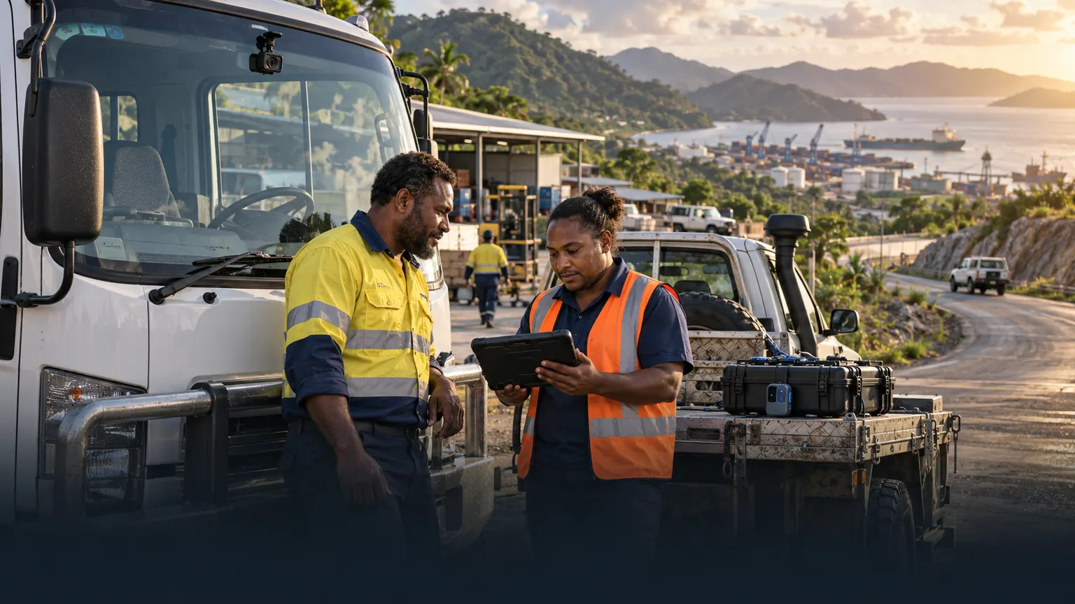 Papua New Guinean fleet team reviewing remote operations beside connected commercial vehicles and secure IoT equipment