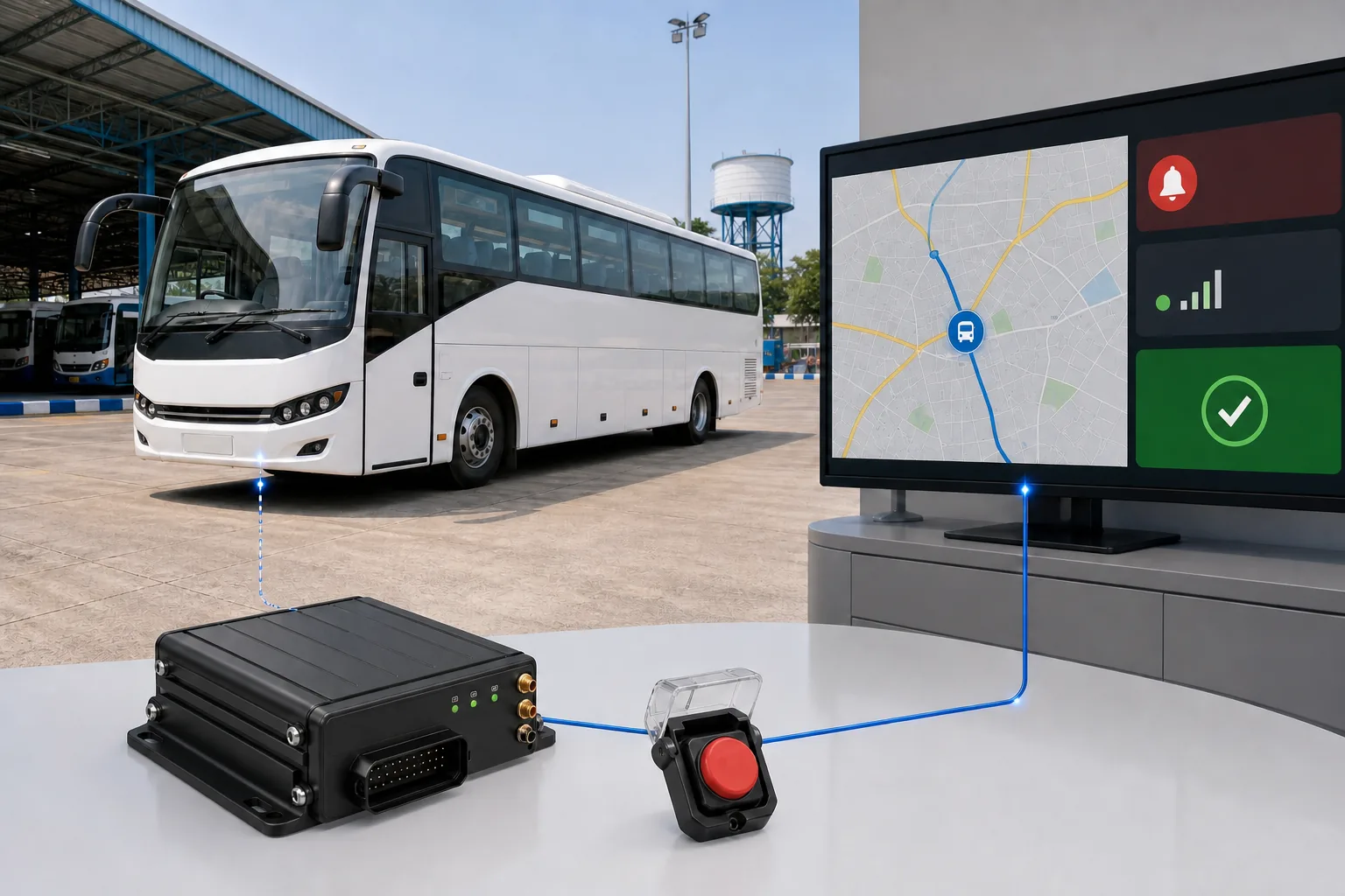 AIS-140 tracking device and SOS connection reporting an Indian fleet vehicle to compliance software
