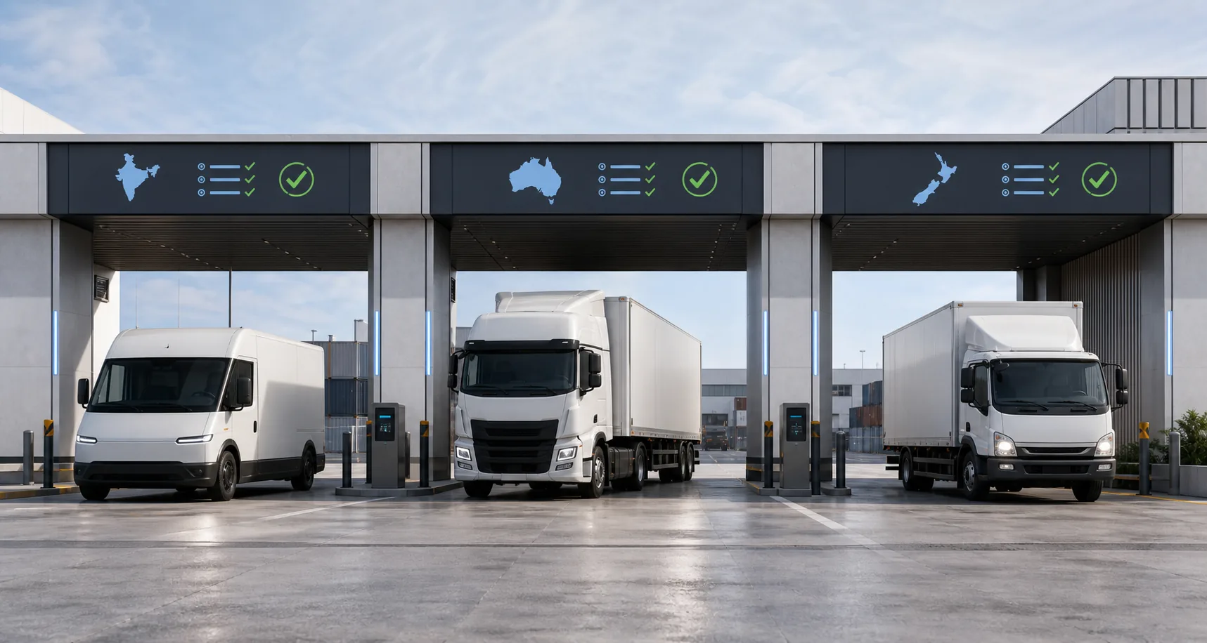 Fleet vehicles passing different compliance standards for India, Australia, and New Zealand