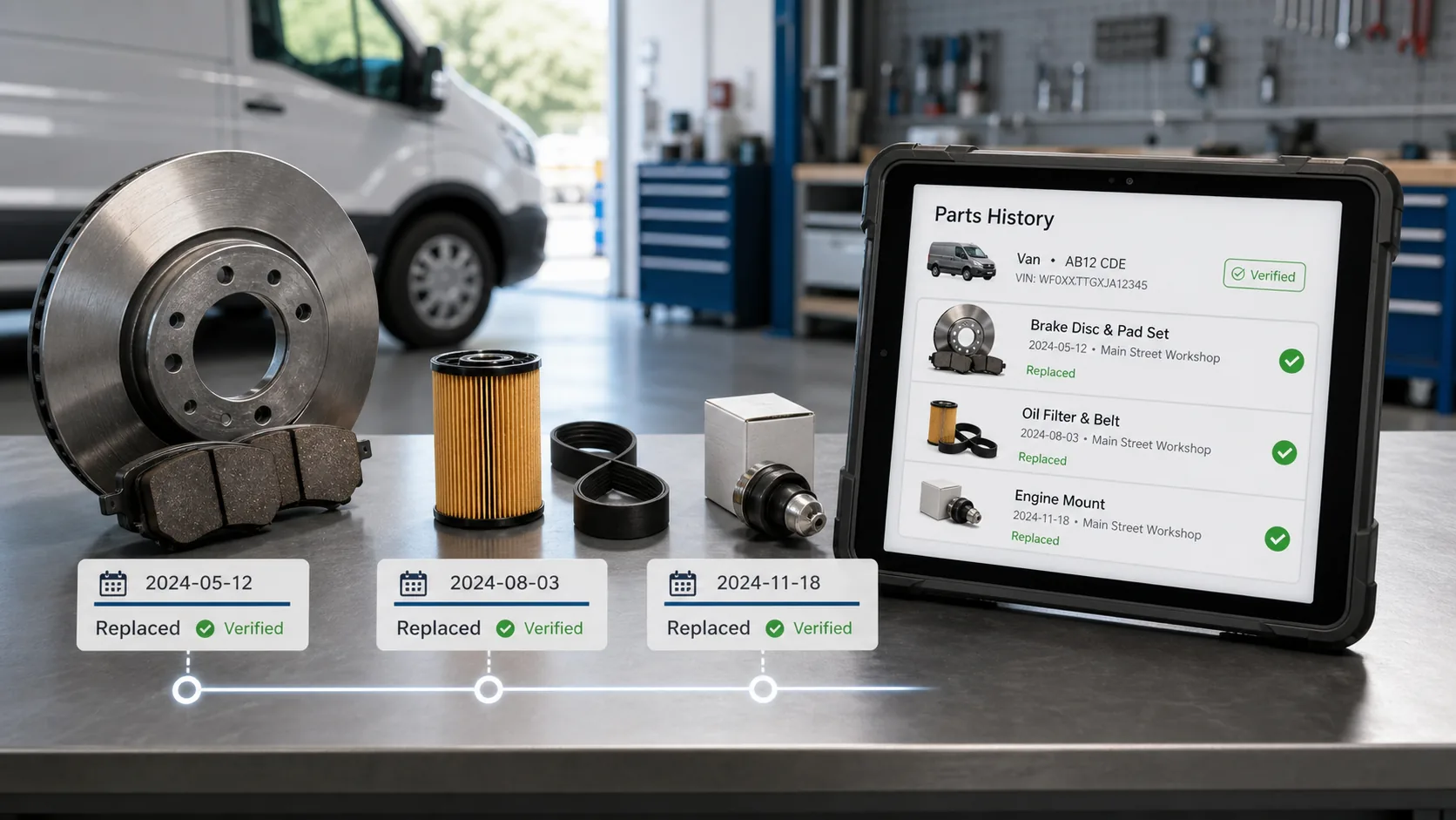 Verified replacement parts and repair history recorded for a commercial vehicle