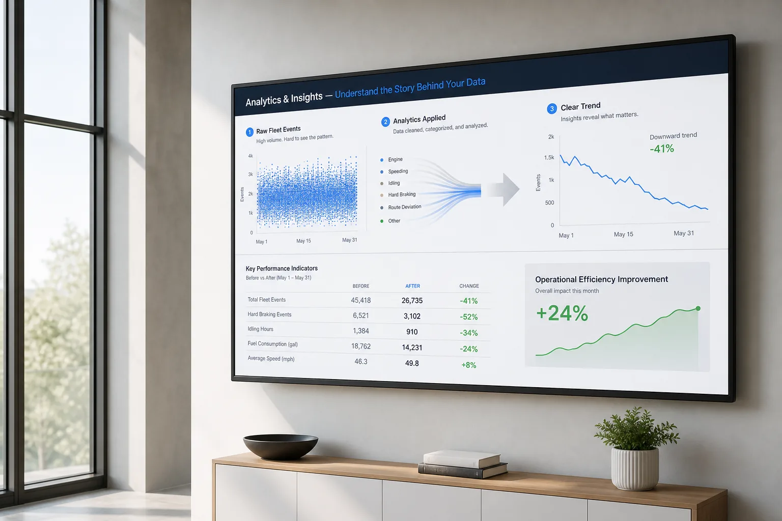 Operational analytics transforming raw fleet events into a clear performance trend
