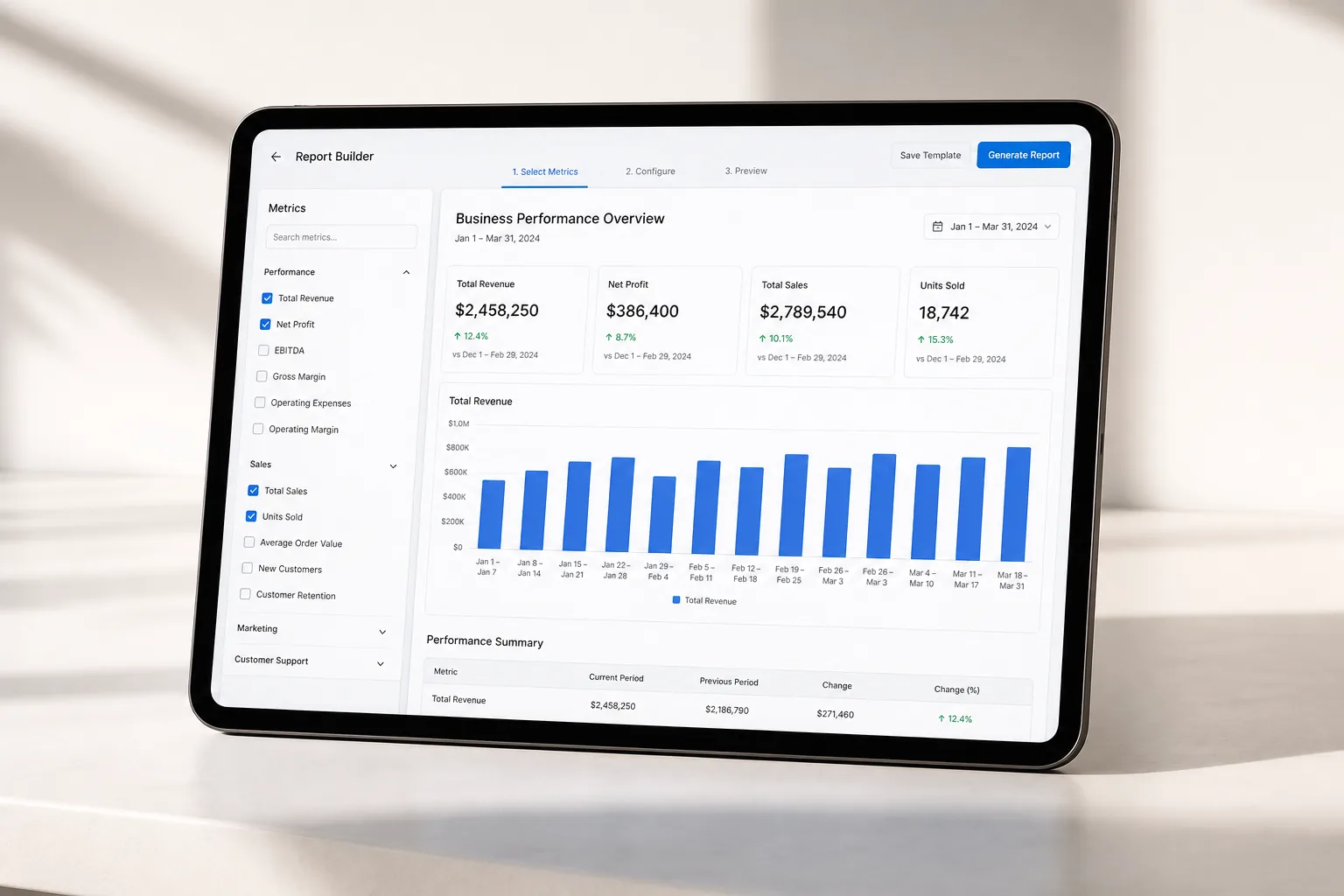 Dynamic report builder with selectable metrics and report preview