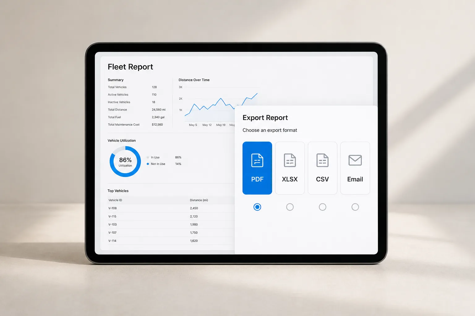 Fleet report export options including PDF, XLSX, CSV, and email