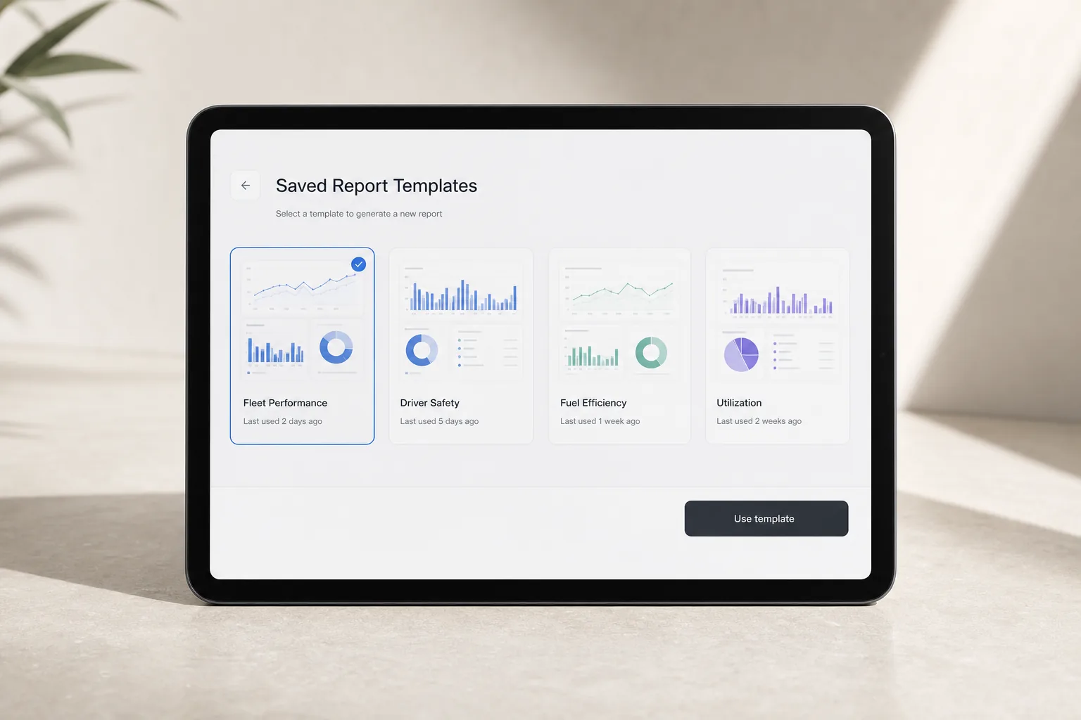 Saved report templates for fleet performance, safety, fuel, and utilization