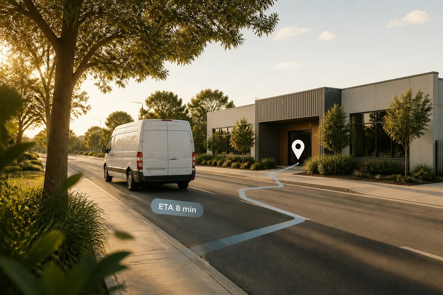 Delivery van approaching its destination with a live eight-minute arrival estimate