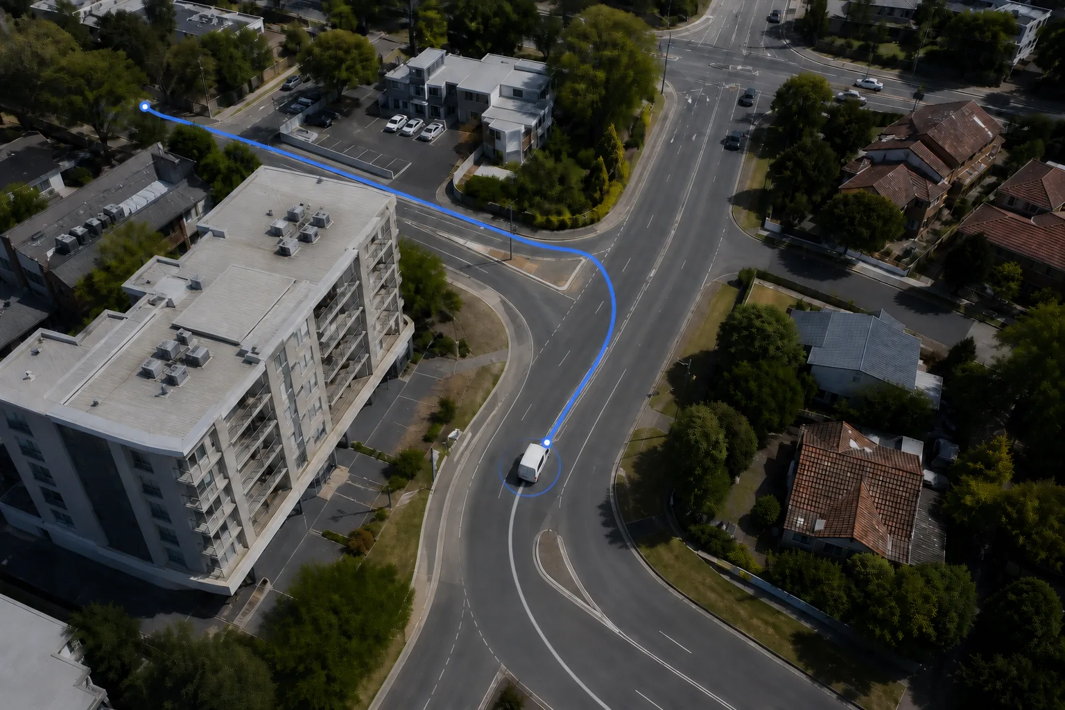 Live vehicle position progressing along an active route through a real road network