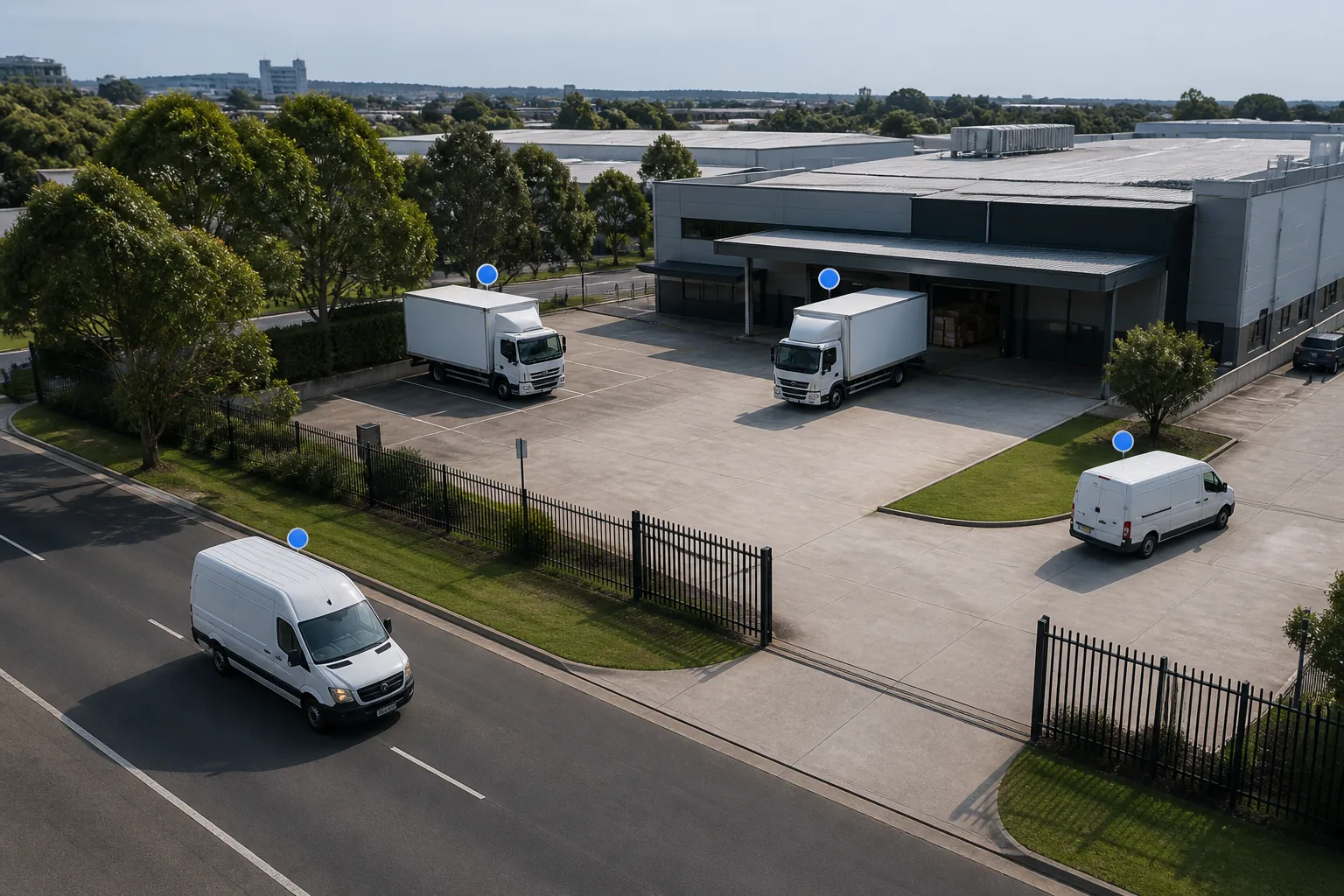 Operational view showing the live status and position of vehicles around a logistics facility
