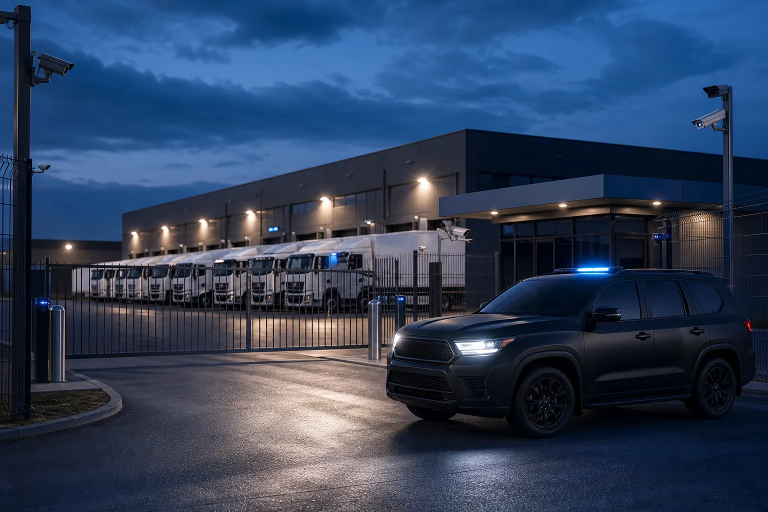 Security response vehicle protecting a commercial truck fleet behind a monitored access gate